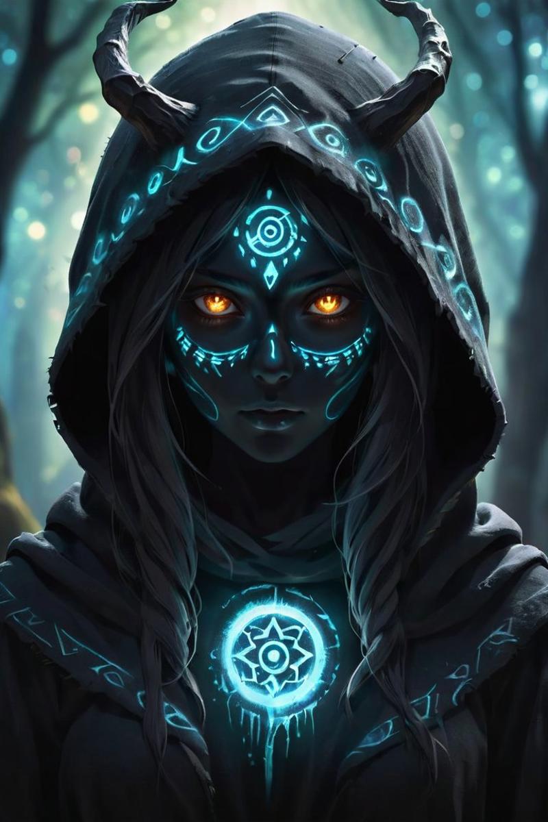 01144-1707334938-A ghostly female silhouette. Messenger of Nature God. Exiled shaman. integral mask.dark canvas toge. Canvas hood. Runic circle.jpg